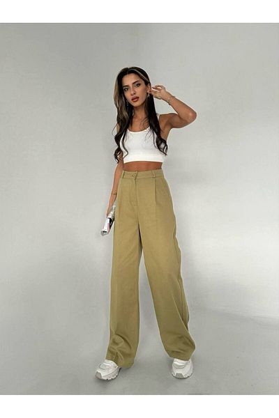 My Blog Khaki 100% Cotton Gabardine Palazzo Pants - 3335