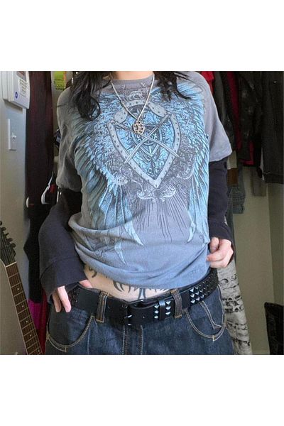 Köstebek Καπνιστό Vintage Μαύρο Μανίκι Shield Wing Cyber ​​Grunge Λεπτό φούτερ