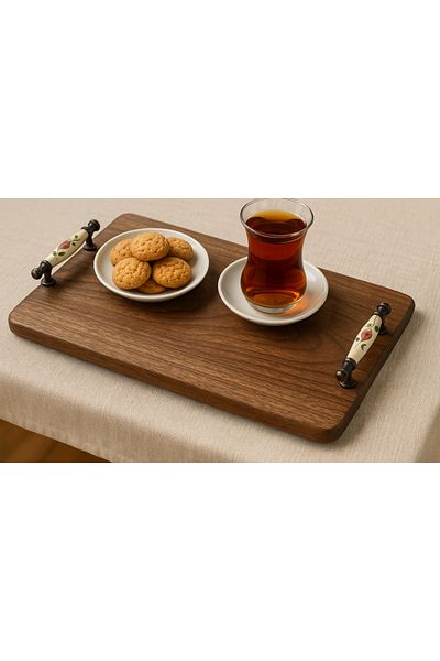 NeFizzDoğa Handmade Wooden Presentation Tray from Walnut Wood – 24X41 cm |   Rustic Serving Tray with Metal Handles