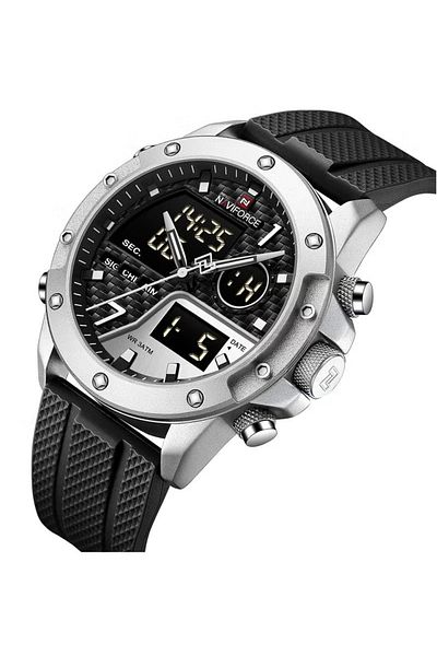 Naviforce Mens Black Dial Silver Case Black Rubber Strap Watch Analog Digital Quartz Waterproof Chronograph
