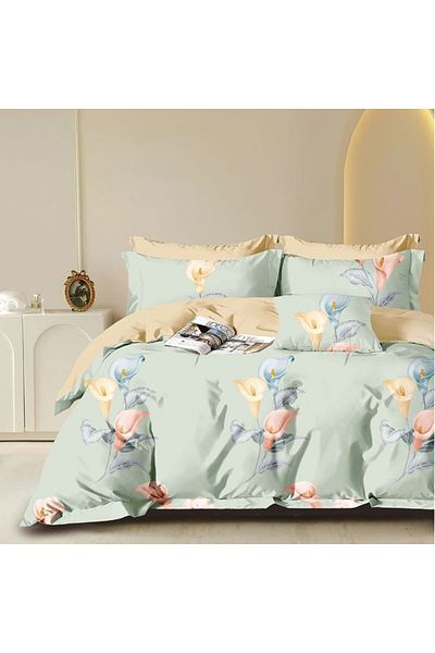 Pucioasa Double percale bed linen 6 pieces 100% cotton, green with calla lilies, duvet cover sheet 200x230cm