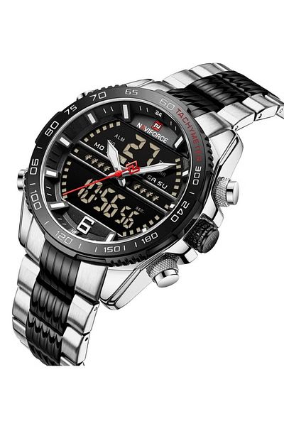 Naviforce Mens Dual Display Sport Watch Stainless Steel Band Analog Digital Quartz Movement Water Resistant
