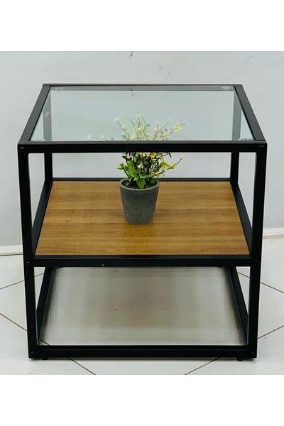 DEC10 Single glass and wood serving table, size 50*50*55