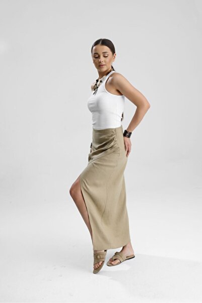 GACA COLLECTION VERA ön yırtmaçlı midi etek yazlık keten