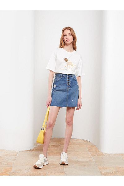 LC Waikiki Tricou de damă din bumbac cu mânecă scurtă cu imprimeu cu decolteu