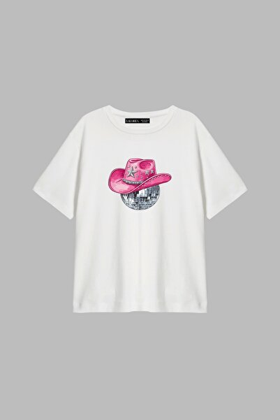 Bak Moda Γυναικείο μπλουζάκι Cow Girl με στάμπα Relaxed Fit Λευκό