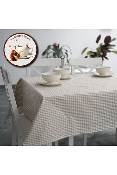 Pucioasa Teflon-coated cotton tablecloth, round, diameter 140cm, geometric zig-zag beige