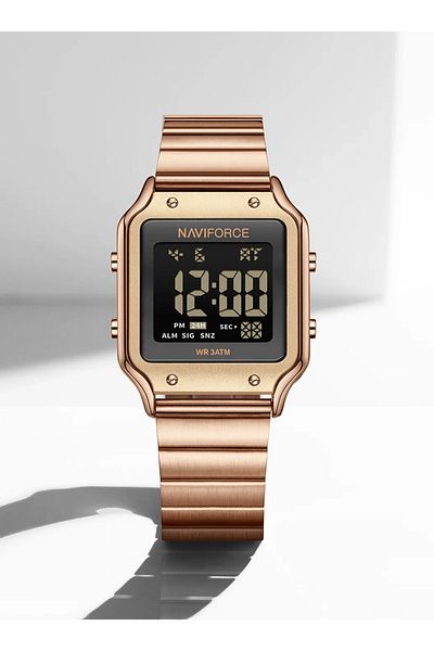 Naviforce Gold Digital Watch for Men and Women Classic Square Stainless Steel Wristwatch with LED Display