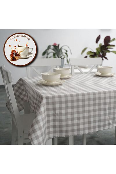 Pucioasa Teflon-coated cotton tablecloth, round, diameter 140cm, white-gray squares