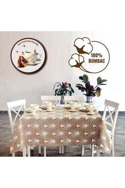 Pucioasa Teflon-coated cotton tablecloth, round, diameter 140cm, brown geometric pattern