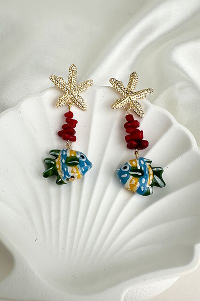 Modex Metal Starfish Detailed Beaded Blue Fish Earrings (6cm)