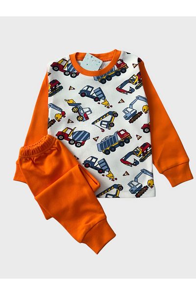 Pajama Shop Boys' 100% Cotton Orange Color Truck Scoop Mixer Pattern Long Sleeve Winter Pajamas Set