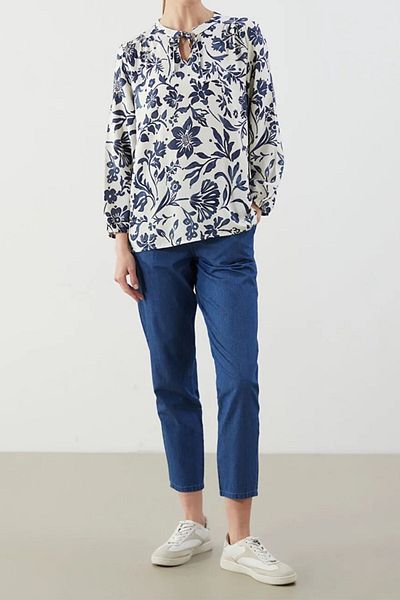 Kübra Tekstil Women's Floral Print Lace-Up Collar Long Sleeve Stylish and Comfortable Blouse