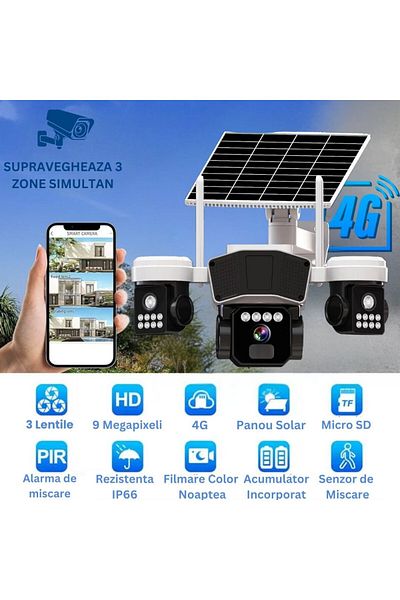CLAUSTEEL Cameră de supraveghere 3 în 1 cu panou solar, conexiune SIM 4G, 9MP, 16.000 Mah