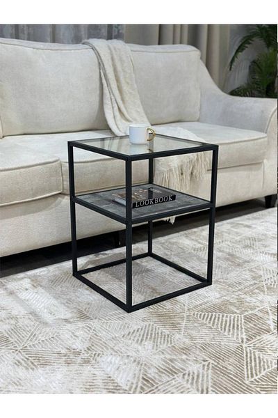 DEC10 Single glass and wood serving table, size 50*50*55