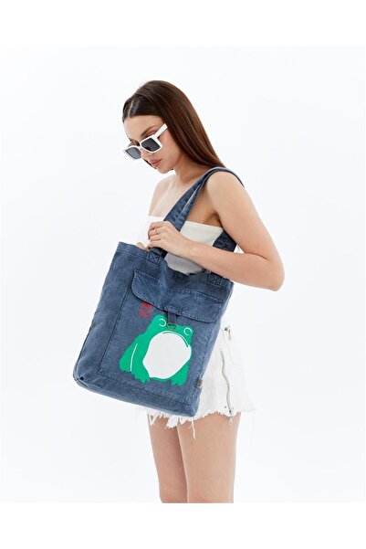 S-Ponder حقيبة يد وكتف من القماش مصنوعة من القطن بنسبة 100% مطبوعة على شكل ضفدع