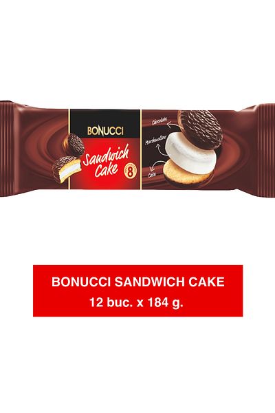 Mert BONUCCI Sandwich Cake – Cake with vanilla base, chocolate glaze and cream 184g x 12 pieces