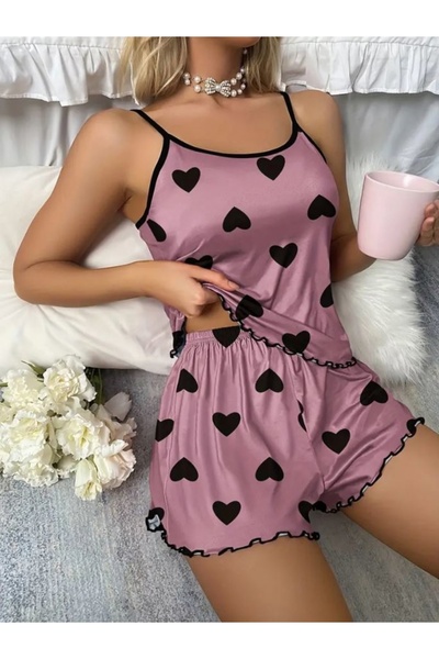 HUBANN Purple Color Shorts Pajama Set with Strap Heart Pattern