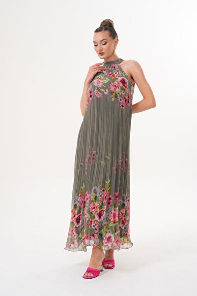 Genel Markalar Halter Yaka Maxi Şifon Piliseli Haki Elbise MCK5064