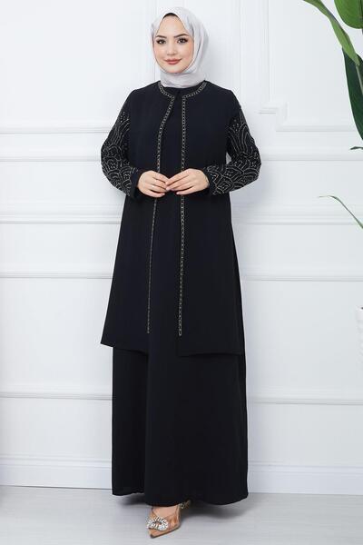 SENSTIL Taşlı Büyük Beden Anne Elbisesi Siyah SS2349