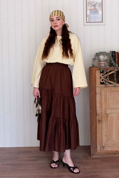 Ceylan Otantik Butter Yellow Body & Bitter Coffee Cross Fold Skirt Suit