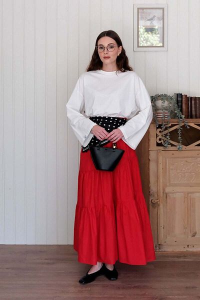 Ceylan Otantik Ecru Body & Red Cross Fold Skirt Suit