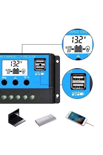 divendi-ro Regulator Intelligent controller for photovoltaic solar panel, 12V/24V, 10 Ah, 2xUSB - Black/Blue