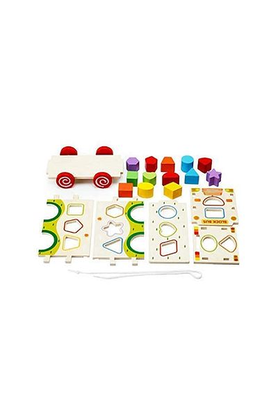 rexa Wooden Shape Sorter Bus Toy – 13 Geometric Blocks with Pull String for Kids' Early Learning