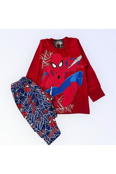 Pajama Shop Boys' 100% Cotton Red Spider Pattern Long Sleeve Winter Pajamas Set