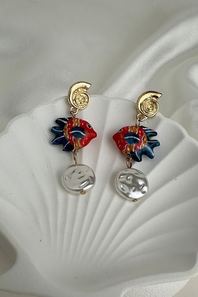 Modex Special Series Pearl Detailed Fish Hanging Earrings (6cm)