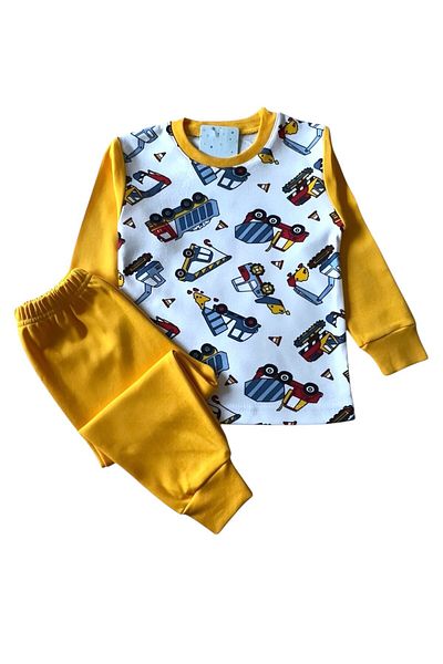 Pajama Shop Boys' 100% Cotton Yellow Color Truck Scoop Mixer Pattern Long Sleeve Winter Pajamas Set