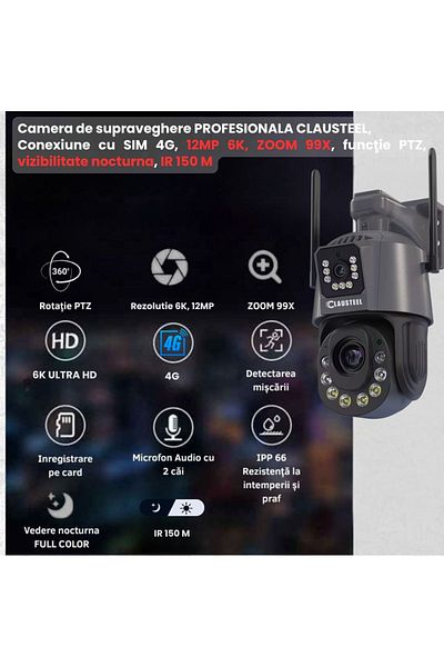 CLAUSTEEL 2in1 Professional Surveillance Camera, 4G with 99X Zoom, 12 MP, 6K, 1 KM View, PIR Sensor