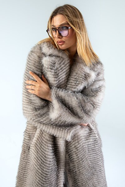 Butic Kadın Gri Lüks Çizgi Desenli Suni Kaban