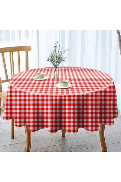 Pucioasa Teflon-coated cotton tablecloth, round, diameter 160cm, red squares