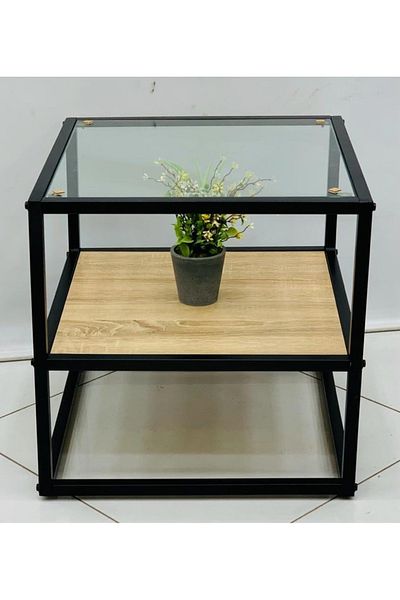 DEC10 Single glass and wood serving table, size 50*50*55