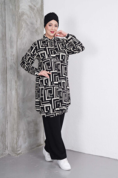 Polologin Butik White Labyrinth Striped Tunic and Black Pants Set