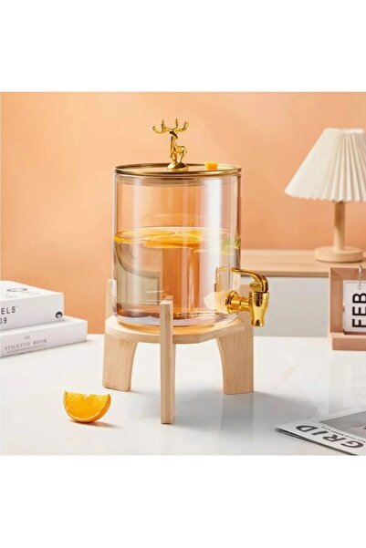 Qerhome Geyik Detaylı Bambu Standlı Amber Cam Musluklu Şerbet- Meyve Suyu – I...