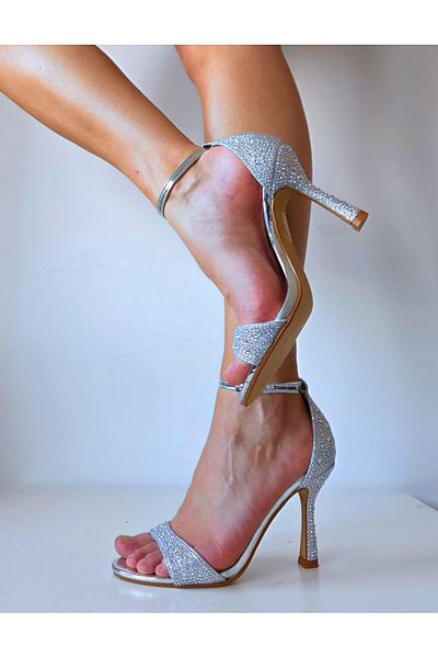 GARKONY Sandale elegante dama gliter argintiu cu strasuri Klarissa