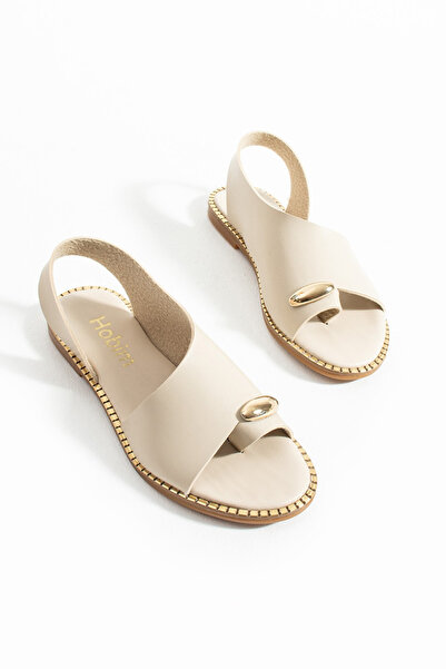 BOUIS Women's Beige Daily Comfortable Sole Ring Detailed Flip Flop Sandals Summer Stylish Lightweight Thin Sole Slippers