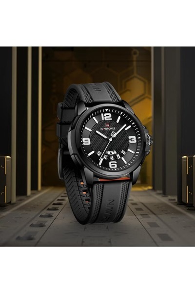 Naviforce Stylish Mens Sports Watch with Black Dial Black Silicone Strap Quartz Movement Analog Display