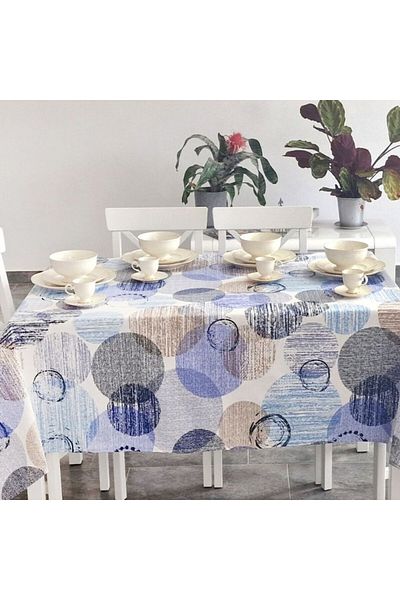 Pucioasa Teflon-coated cotton tablecloth, round, diameter 180cm, blue/beige circles