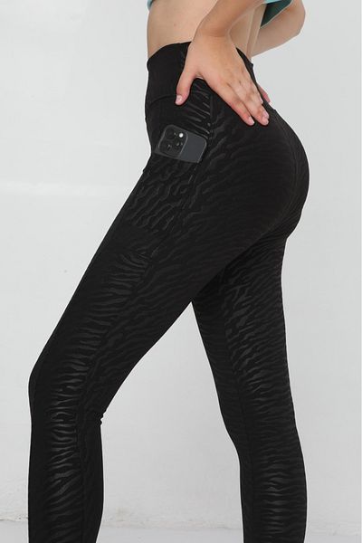 lzv Black Patterned High Waist Gathering Diving Fabric Leggings with Phone Pocket