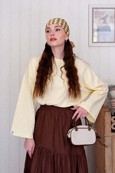 Ceylan Otantik Butter Yellow Body & Bitter Coffee Cross Fold Skirt Suit
