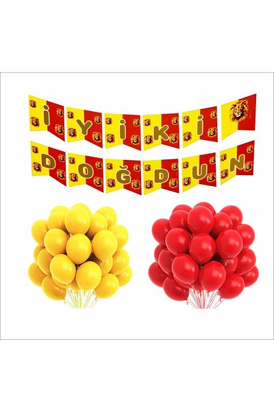 ZENVİVA Yellow Red Fan Happy Birthday Banner and 5 Yellow Balloons - 5 Red Balloon Set