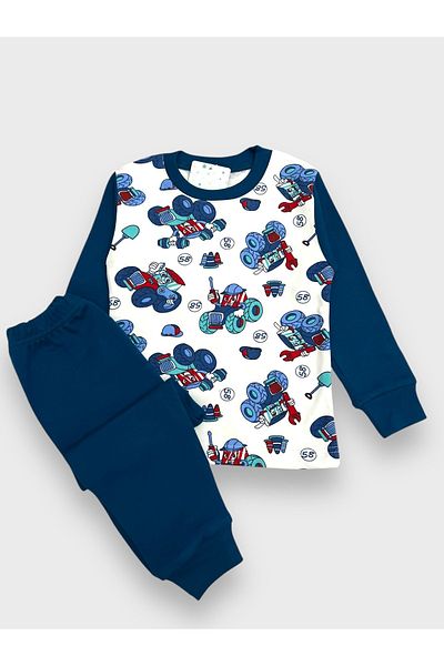 Pajama Shop Boys' 100% Cotton Oil Green Color Tractor Pattern Long Sleeve Winter Pajamas Set