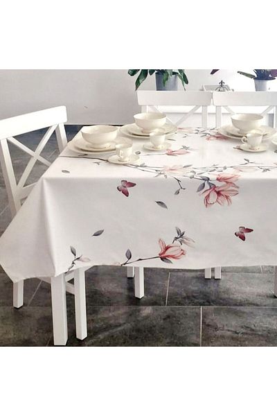 Pucioasa Teflon-coated cotton tablecloth, 160x220cm, Pink flowers and butterflies
