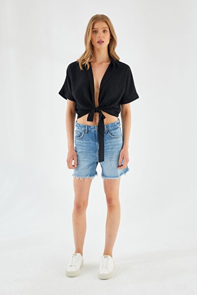 Mixray 4230 Women's Tie-Up Summer Linen Shirt Black