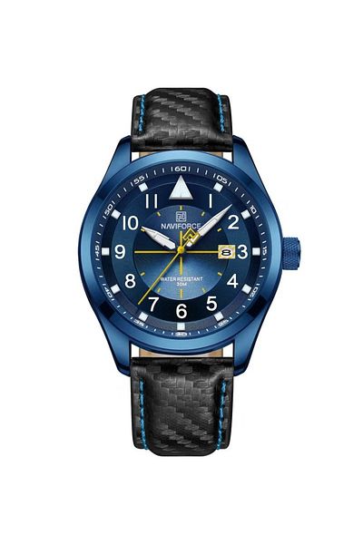 Naviforce Men's Blue Dial Quartz Analog Watch with Black Leather Strap and Date Display Water Resistant 30M
