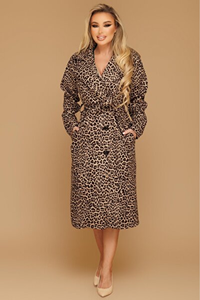 Atmosphere Fashion Trench midi cu imprimeu animal print, revere largi și șnur...