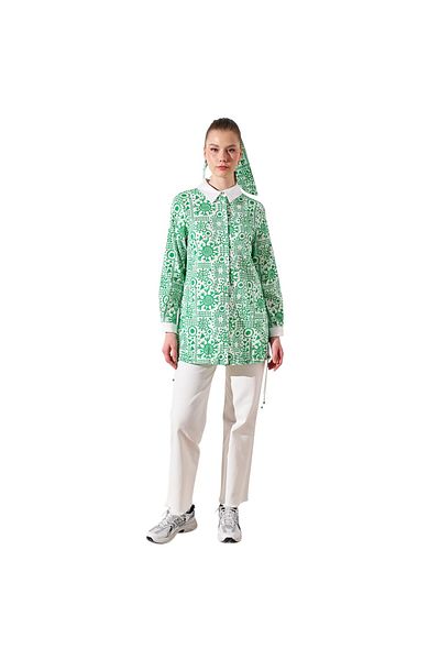 Kayra Patterned Shirt Collar Tunic Clover Green